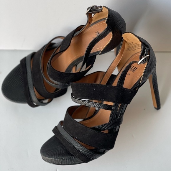 H&M Strappy Black Leather Sandals Stiletto Platform Heels, Sz 7 - Picture 8 of 13